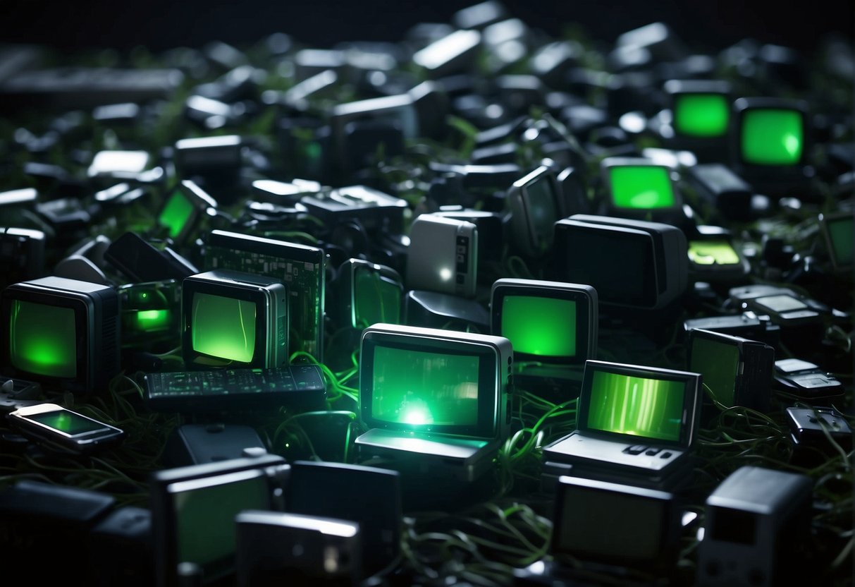 A pile of discarded electronic devices is being erased and repurposed, emitting a green glow of environmental benefits