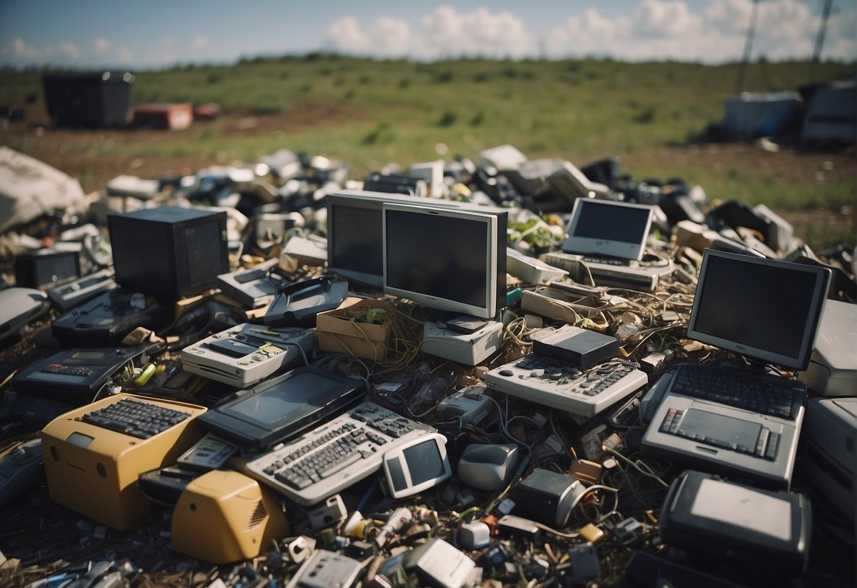 A pile of discarded electronic devices sits in a landfill, emitting toxic fumes. Nearby, a technician wipes data from a computer, preventing e-waste