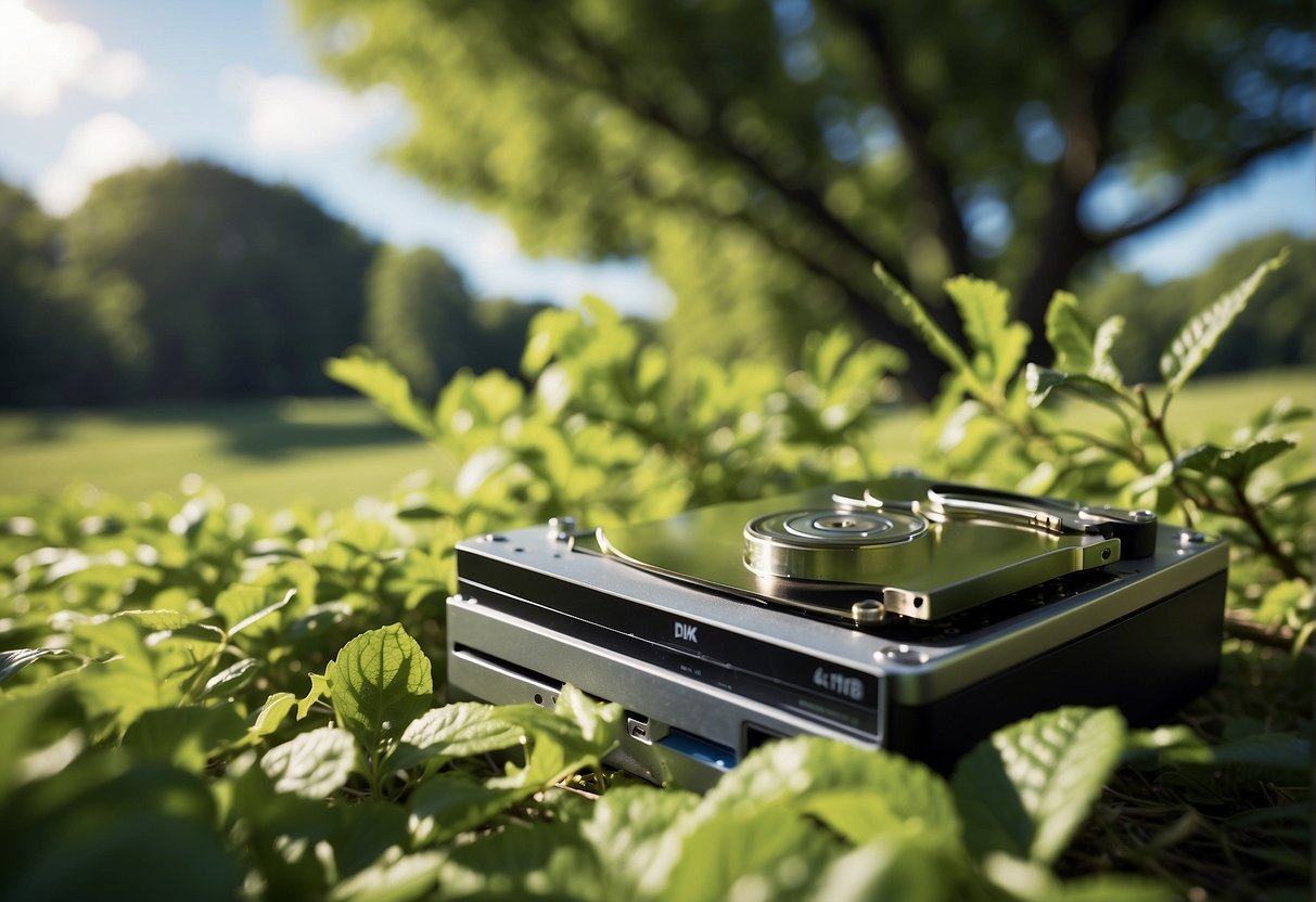 A computer tower and hard drive being securely wiped clean, surrounded by green trees and a blue sky