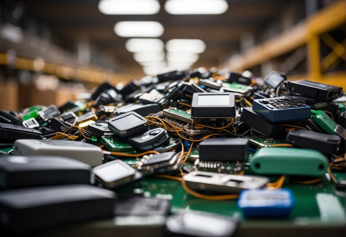 A pile of discarded electronic devices being sorted for reuse and recycling, with a focus on data erasure and environmental benefits