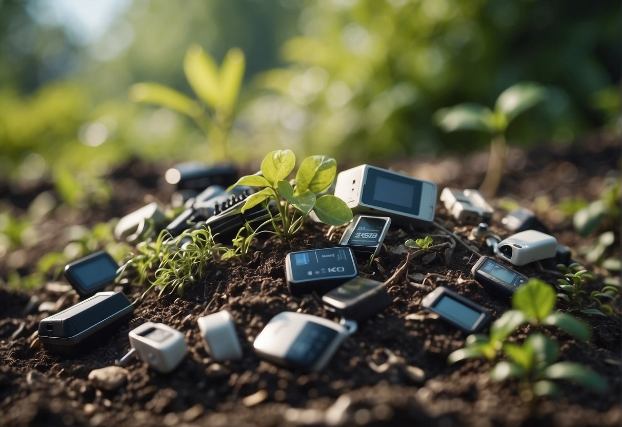 A pile of discarded electronics leaching toxic chemicals into soil and water, surrounded by sickly plants and animals