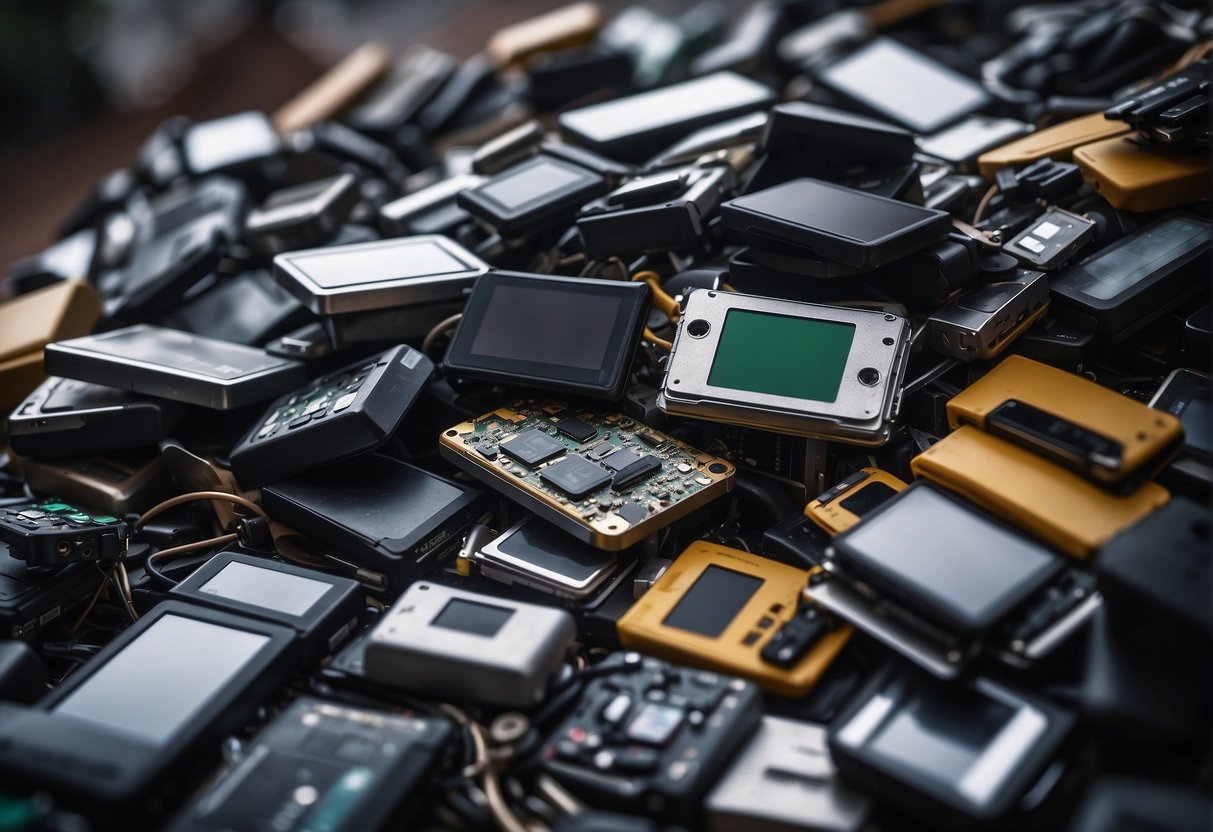 A pile of discarded electronic devices being safely and securely wiped of all data, ready to be recycled in compliance with e-waste regulations, promoting environmental benefits