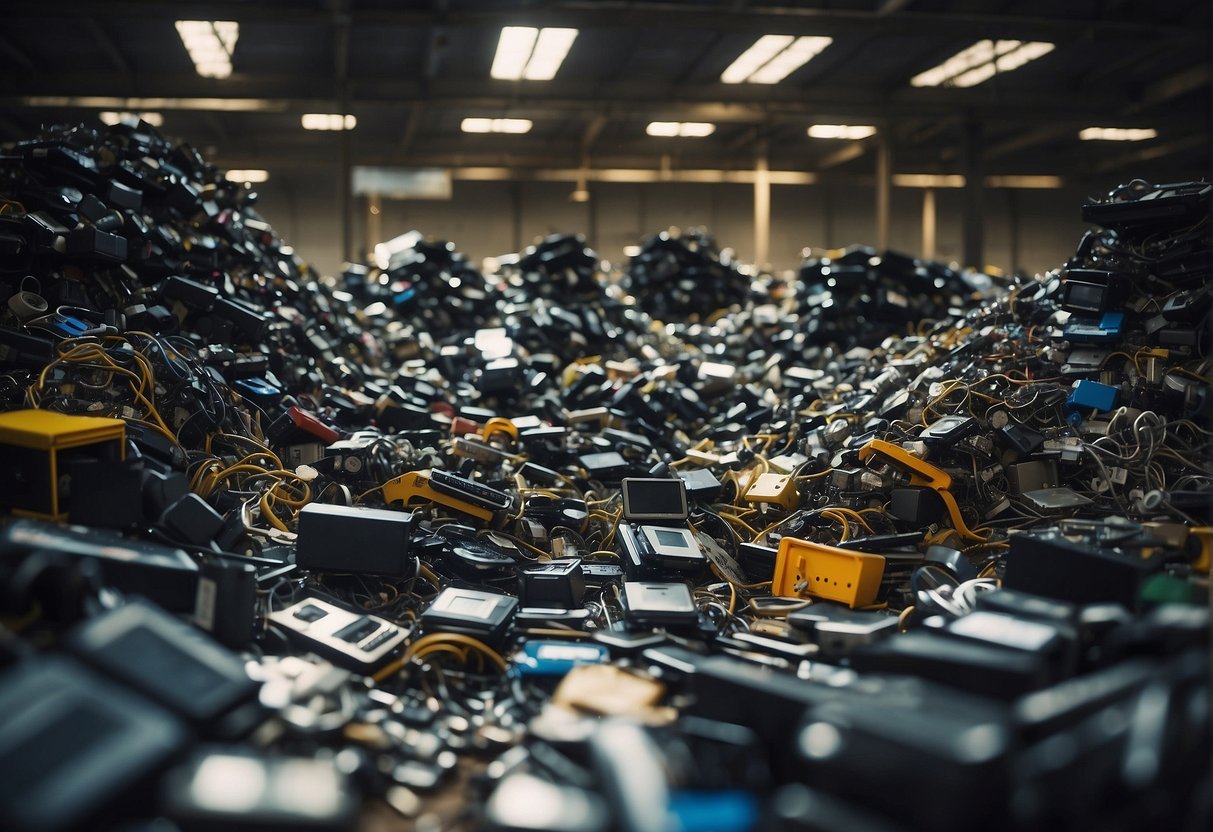 A mountain of discarded electronics being sorted and processed in a high-tech facility, with data being erased from hard drives and components being recycled
