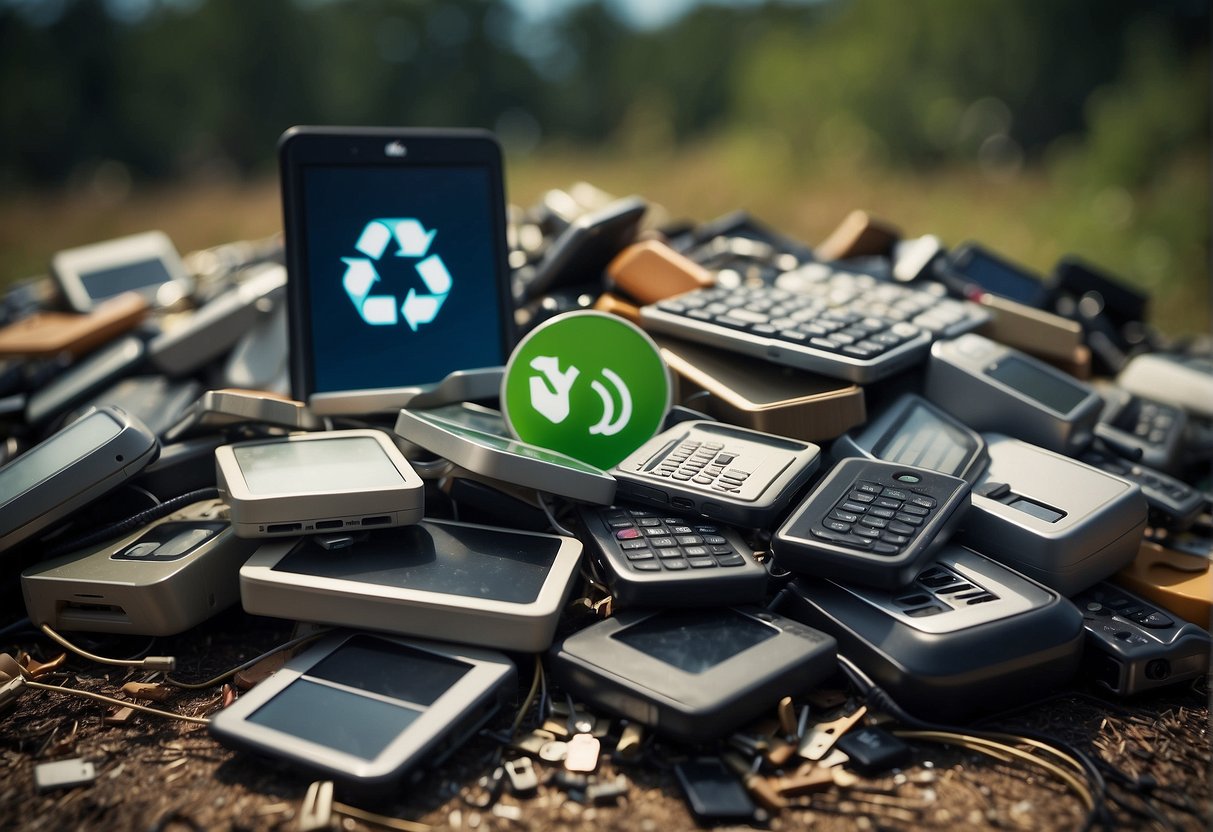 A pile of discarded electronic devices is surrounded by arrows pointing towards a recycling symbol, representing the circular economy's role in reducing e-waste through data erasure
