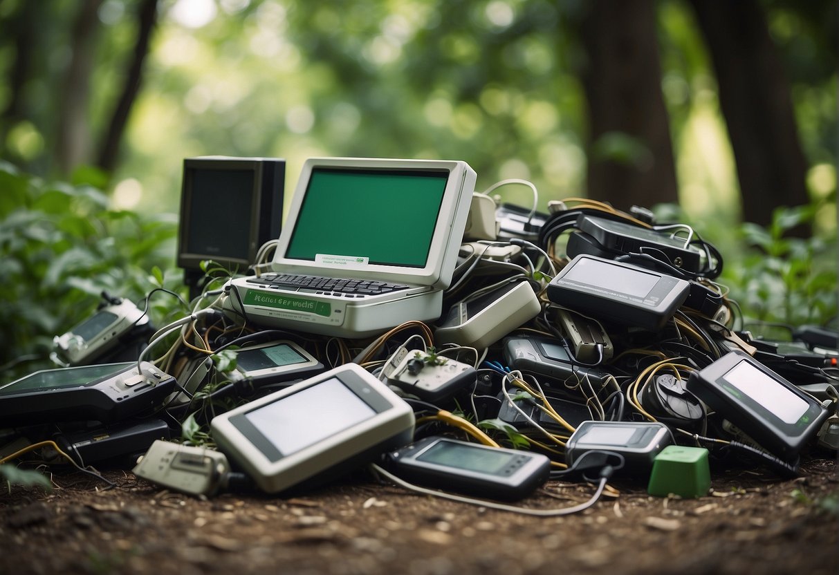 A pile of discarded electronic devices surrounded by green trees and clean air, with a sign reading "Reduce E-Waste" in the background