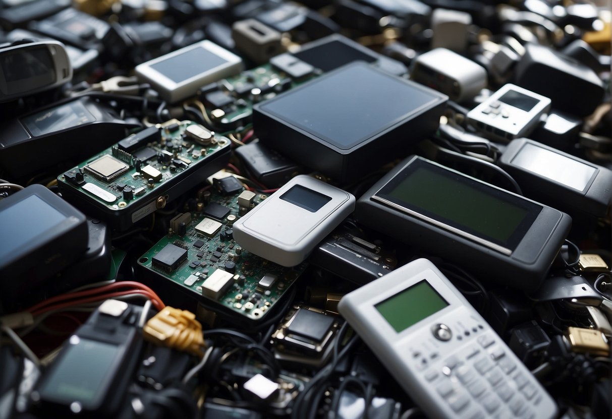 A pile of discarded electronic devices being securely wiped and sorted for recycling, with a focus on environmental benefits and reducing e-waste