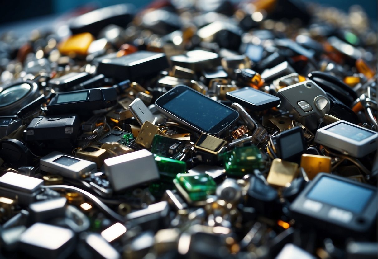A pile of discarded electronics being sorted and processed for data erasure and recycling, with the resulting reduction of e-waste and positive environmental impact