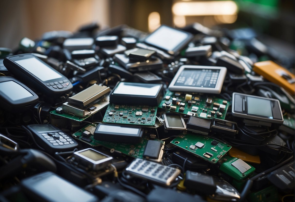 A pile of discarded electronic devices being sorted for data erasure and recycling, with a focus on environmental benefits