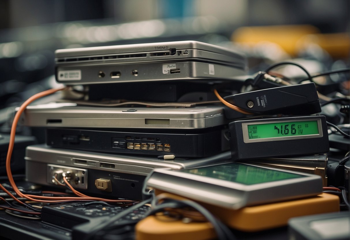 A stack of old electronics being securely wiped and prepared for reuse, emphasizing environmental benefits and reducing e-waste