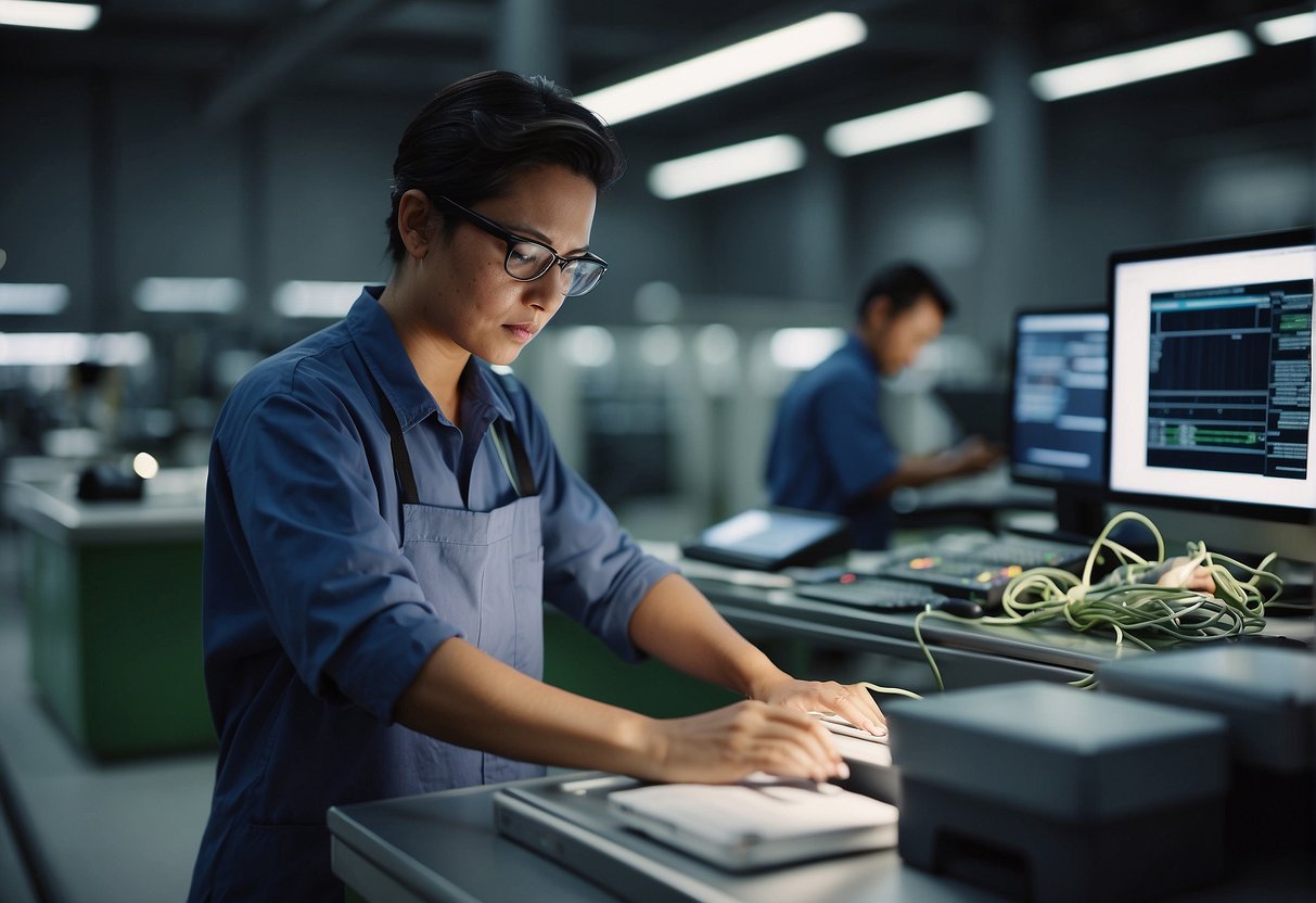 A factory worker carefully erases data from electronic devices, while government officials monitor the process, ensuring environmental benefits and reducing e-waste