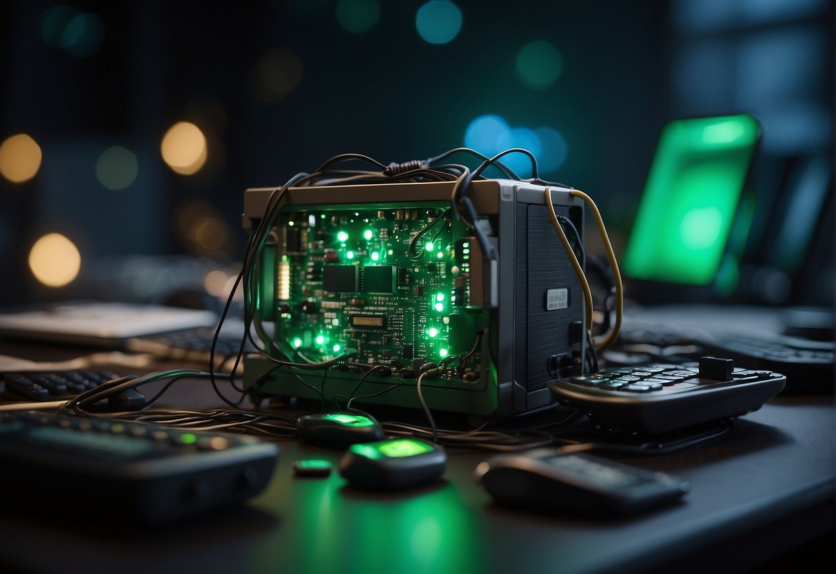 A futuristic machine erases data from electronic devices, emitting a green glow. Nearby, a pile of discarded electronics shrinks as e-waste is reduced