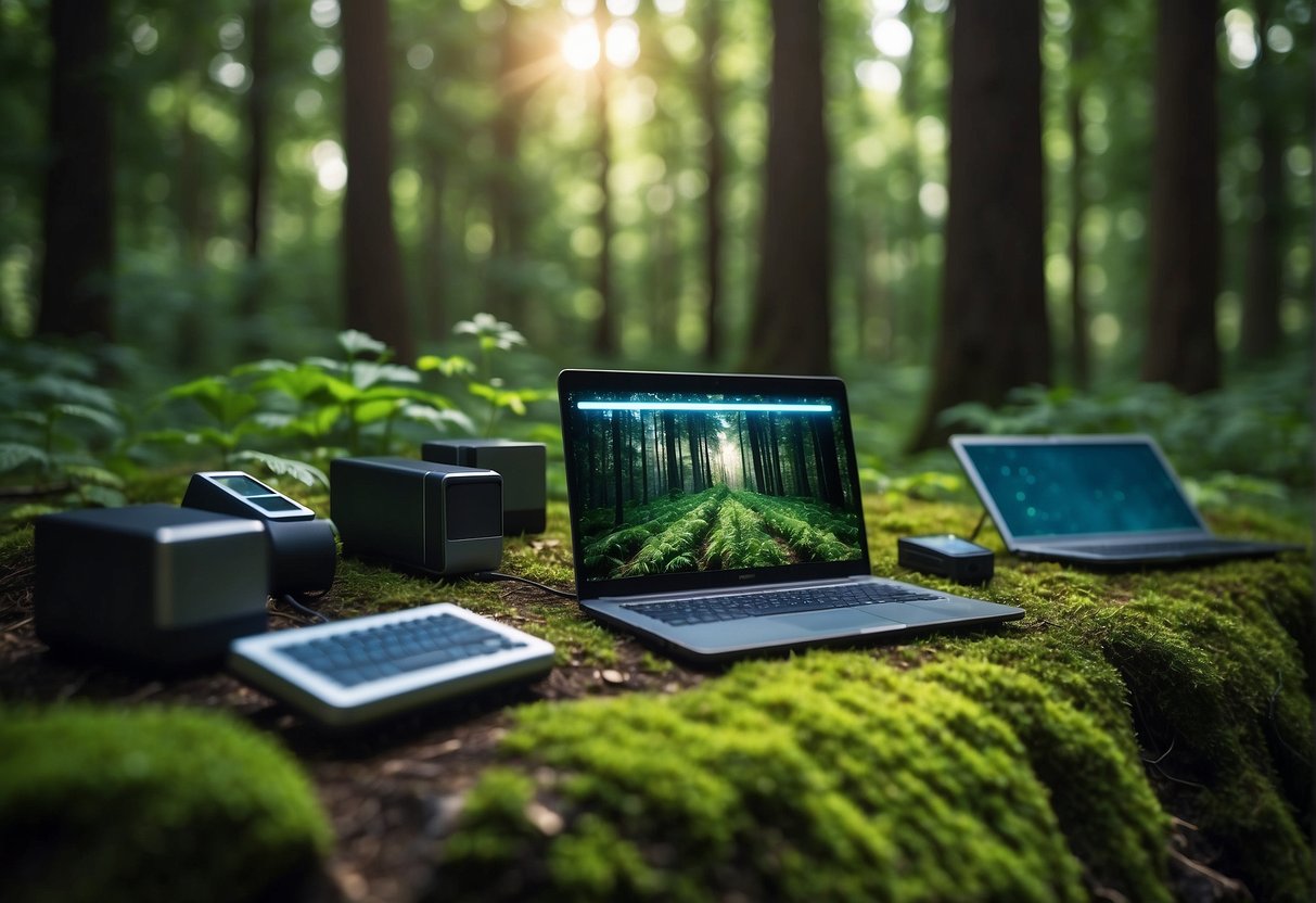 A lush green forest with electronic devices being safely erased, reducing e-waste and highlighting the environmental benefits of data erasure