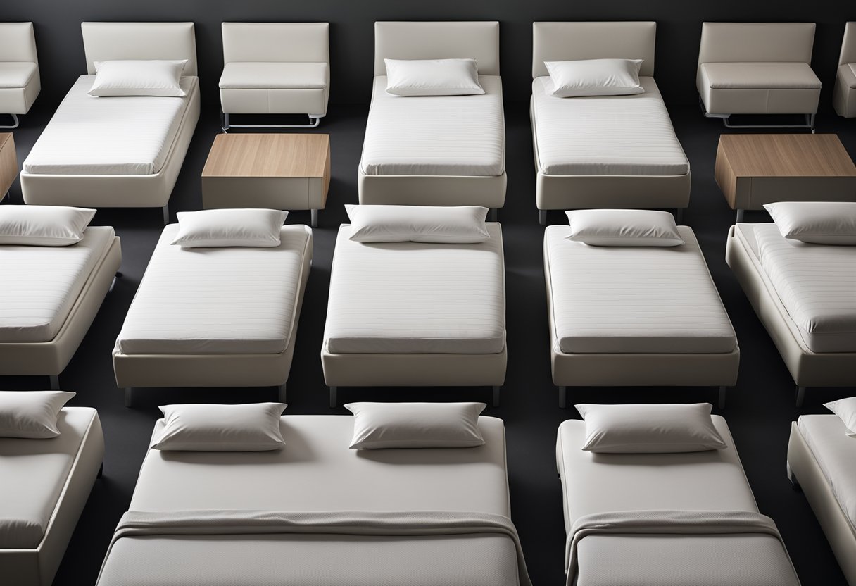 A variety of bed types arranged in a neat row, showcasing different sizes and styles. From twin to king, each bed is uniquely designed