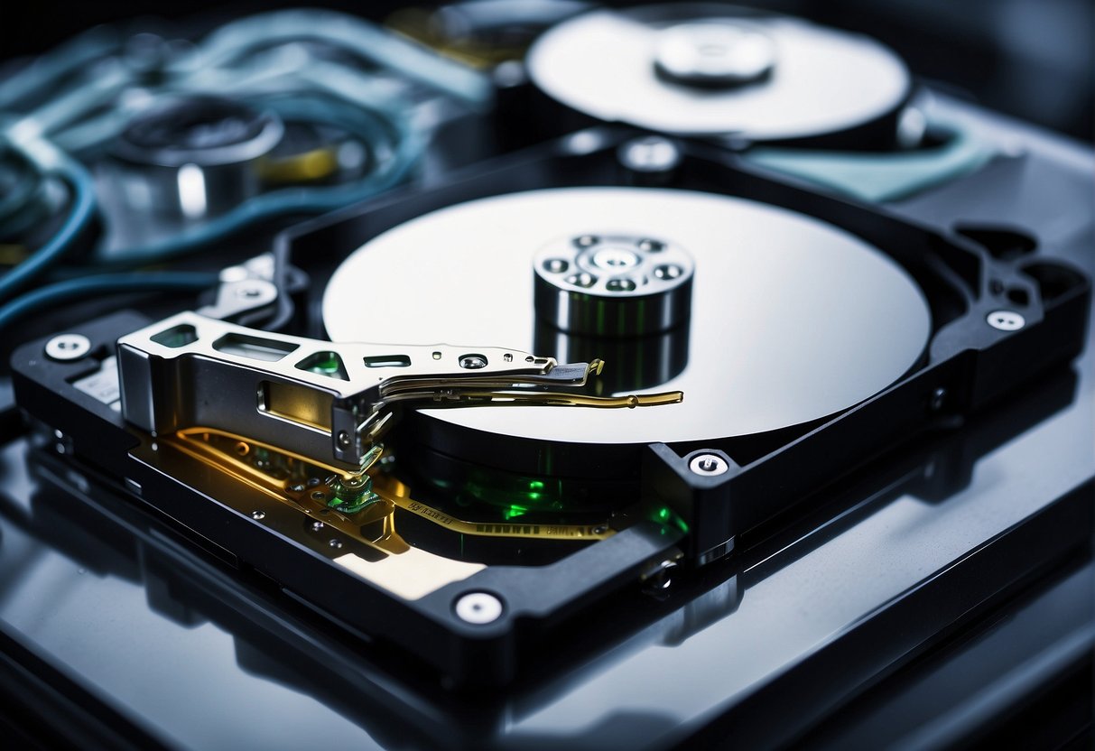 A computer hard drive being securely wiped clean with a data erasure tool, with a focus on the process and technology used