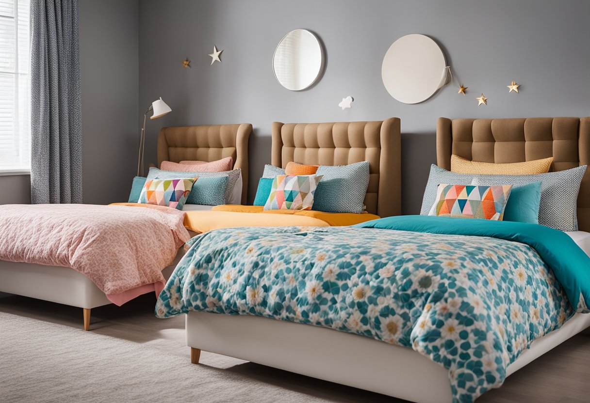 A bedroom with various bed sizes: twin, full, queen, and king, displayed in a row. Each bed is adorned with colorful and playful bedding, creating a cozy and inviting atmosphere for children