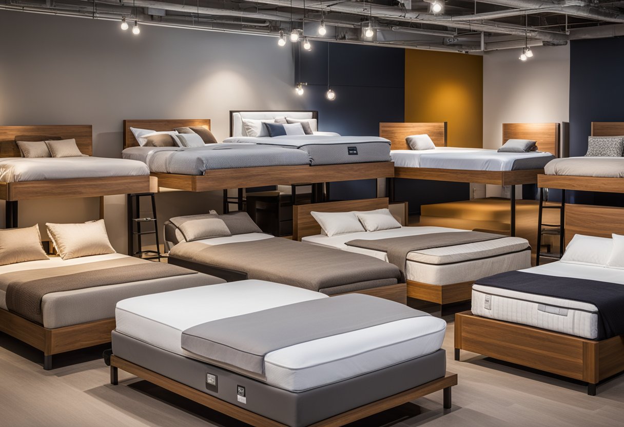 A variety of beds in different sizes and styles, including adjustable and custom options, are displayed in a spacious and well-lit showroom