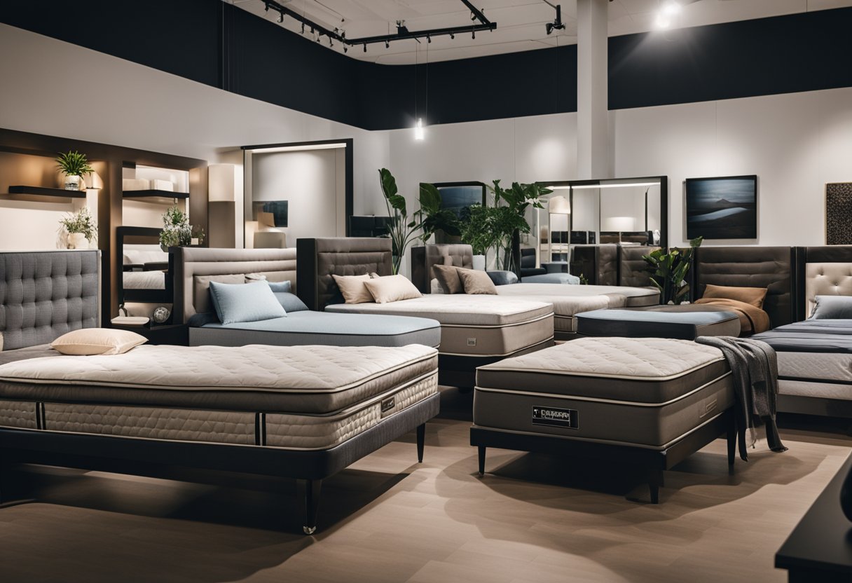 A variety of beds in different sizes and styles arranged in a showroom