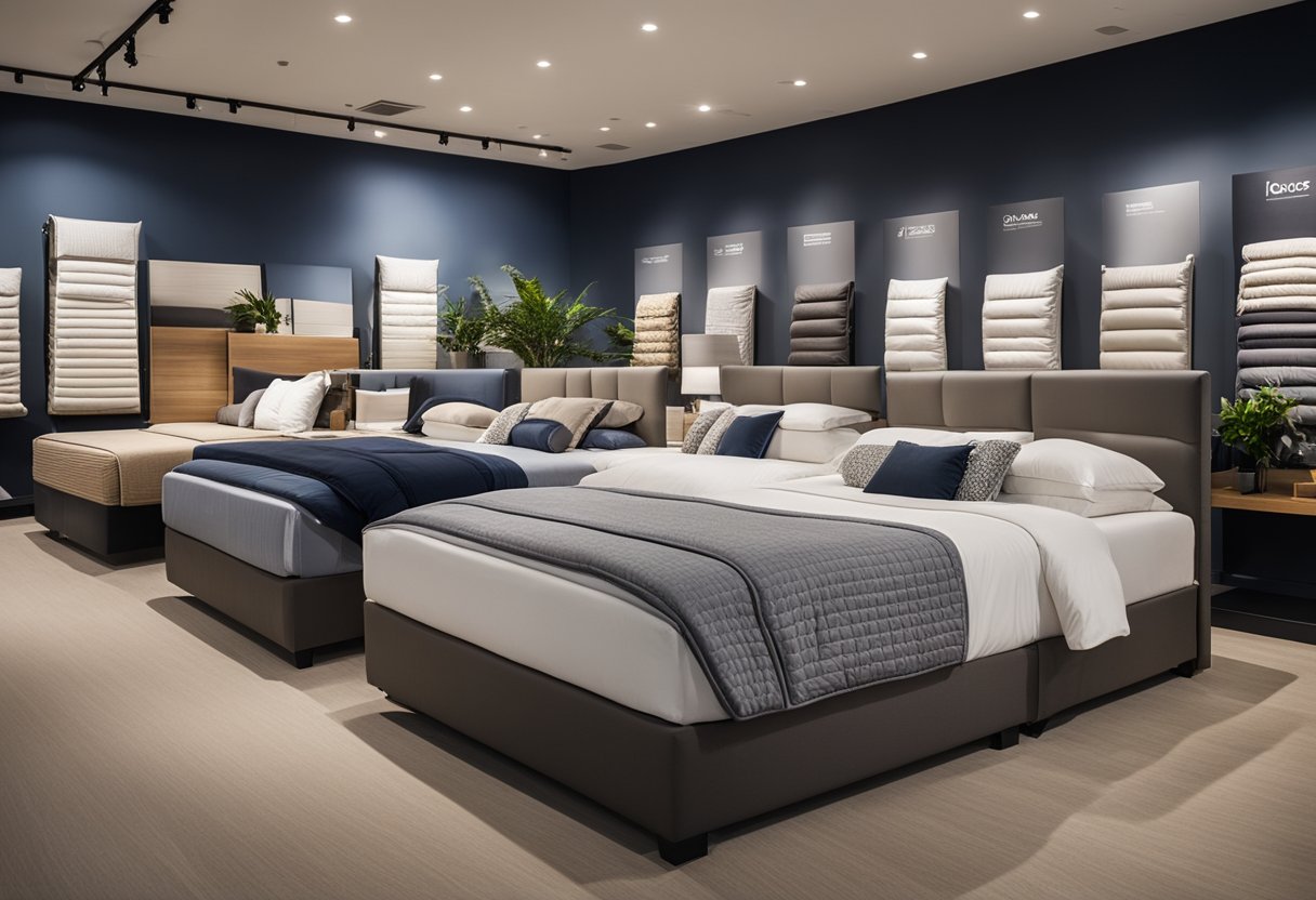 A variety of bed sizes and accessories displayed on a showroom floor. Different types of beds are showcased with accompanying bedding and pillows
