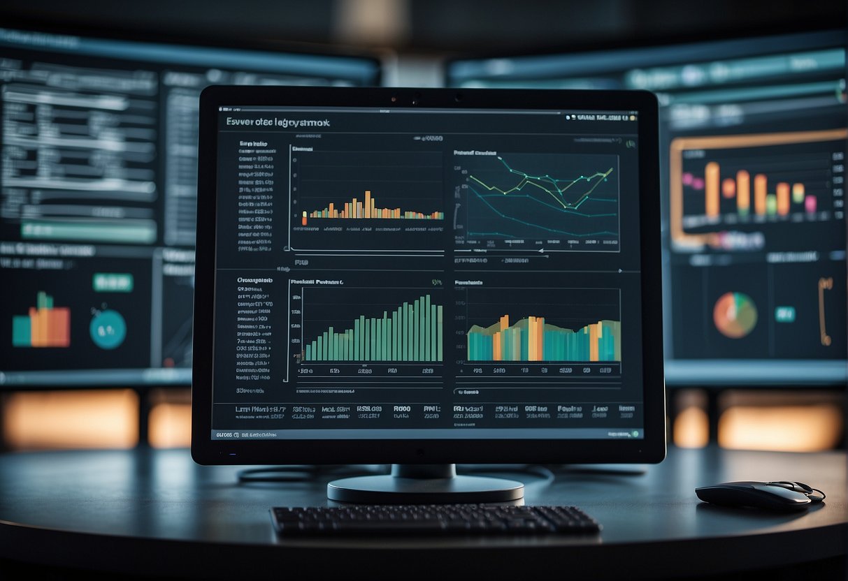 A computer screen displaying ESG reporting frameworks and data erasure processes. Graphs and charts show data integrity