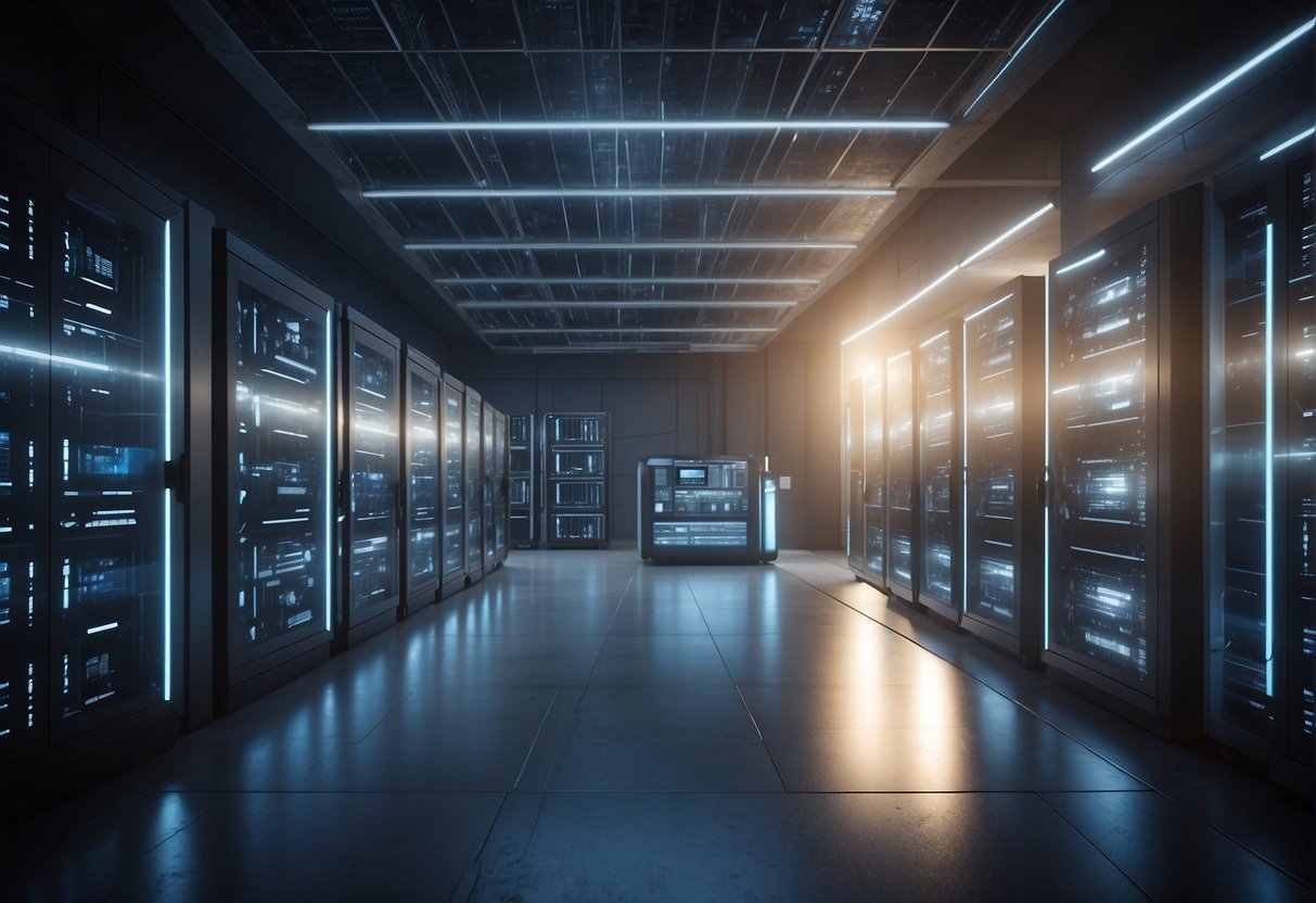 A futuristic data center with advanced technology erasing data, surrounded by sustainable energy sources