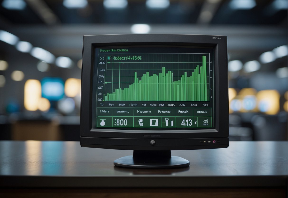 A computer monitor displaying a bar graph showing the reduction of electronic waste through data erasure. A recycling symbol is prominent in the background, symbolizing sustainability and governance