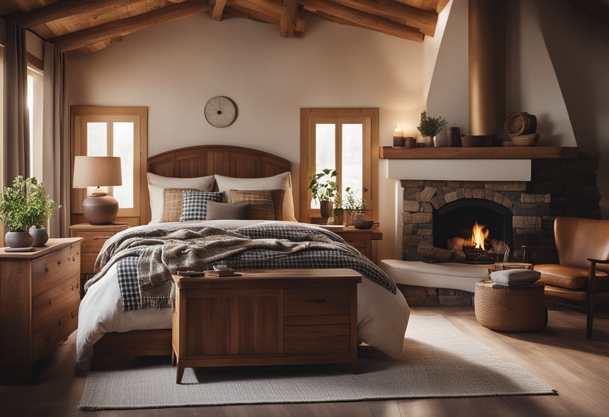 A cozy bedroom with wooden furniture, warm earthy tones, and soft textiles. A large, inviting bed with a plaid quilt, a rustic wooden dresser, and a comfortable armchair by a fireplace