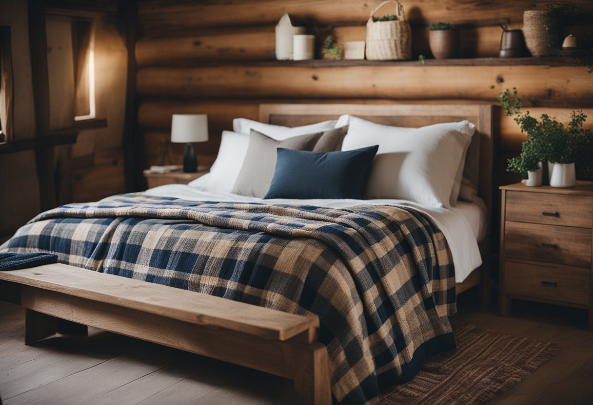 A cozy bedroom with rustic textiles and fabrics, including plaid blankets, knitted throw pillows, and a vintage quilt. A wooden bed frame and bedside table add to the country retreat vibe