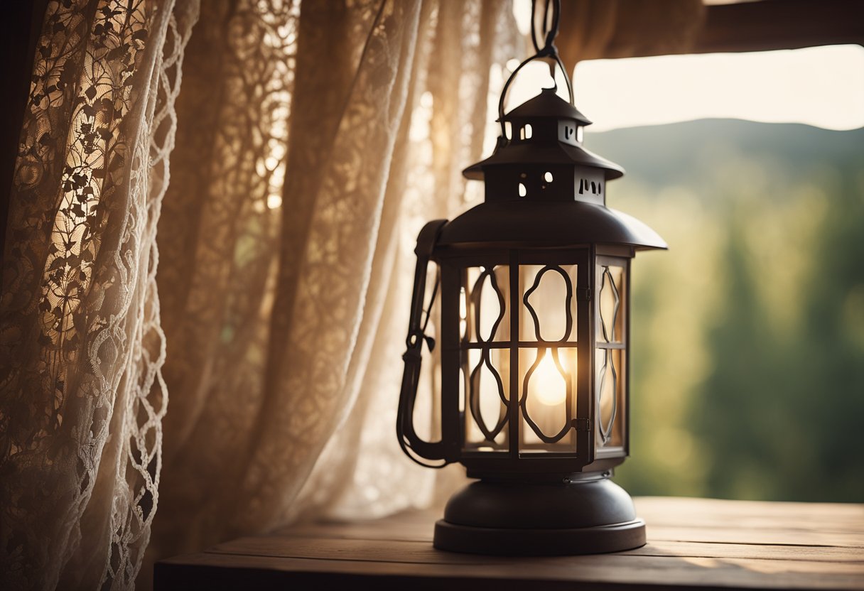 Soft, warm light filters through the lace curtains, casting a gentle glow on the weathered wooden furniture and cozy plaid bedding. A vintage lantern hangs from the ceiling, adding a rustic touch to the inviting country retreat