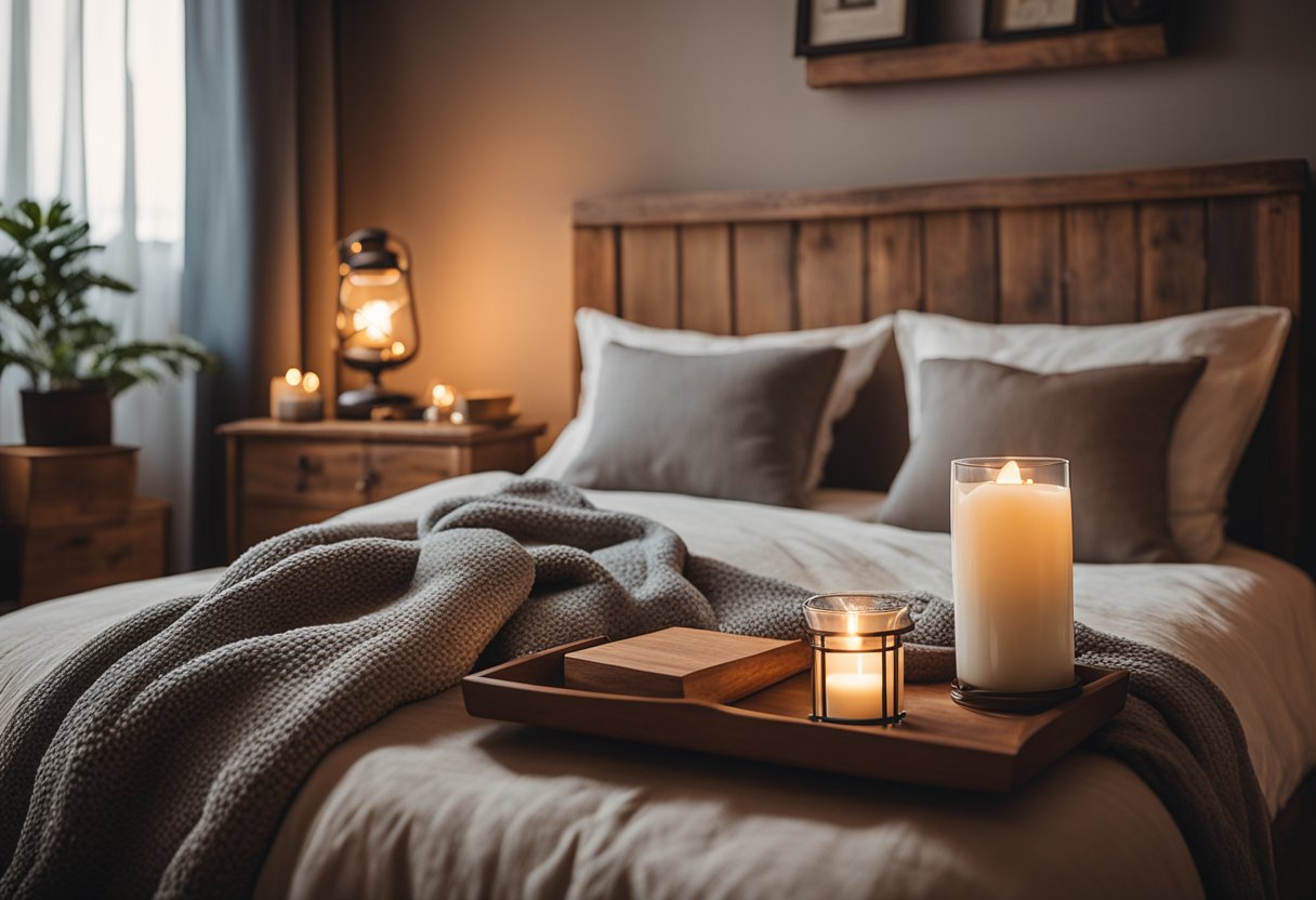 A cozy bedroom with wooden furniture, soft blankets, and warm lighting. A fireplace and vintage decor add to the rustic charm