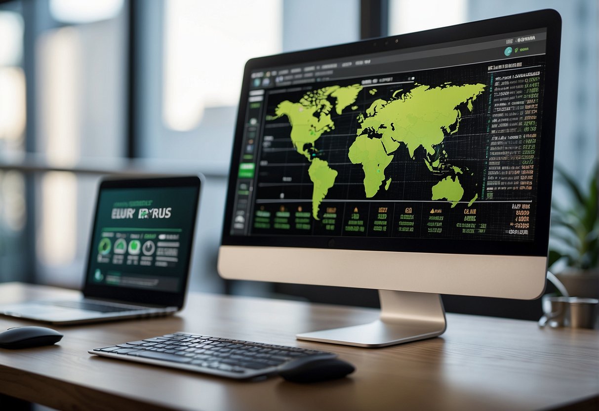 A computer screen displaying ESG reporting keywords, with a data erasure tool and sustainable icons in the background