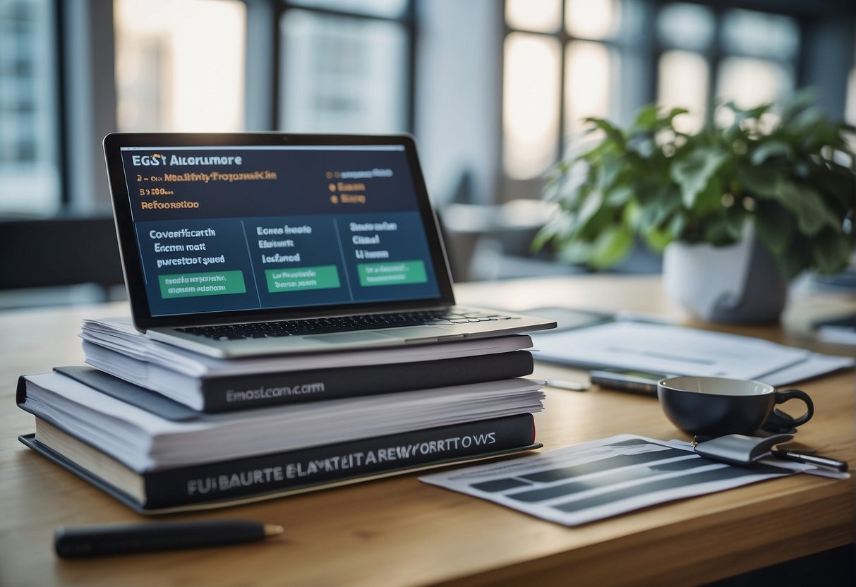 A stack of ESG reporting frameworks and data erasure tools on a desk, with a sustainability poster in the background