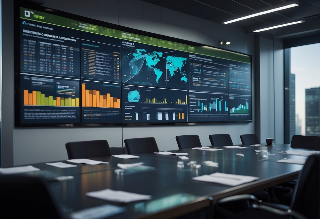 A conference room with ESG reports on the table, a computer screen showing data erasure processes, and a sustainability infographic on the wall