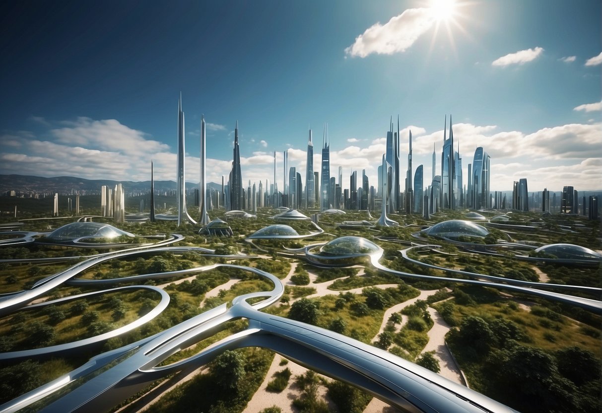 A futuristic cityscape with clean, green energy sources and clear skies. Data erasure facilities and sustainable infrastructure are prominently featured