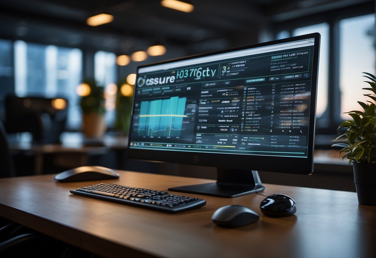 A computer screen displaying various data erasure software options with comparison charts and customer reviews. A desk with a keyboard and mouse in the background