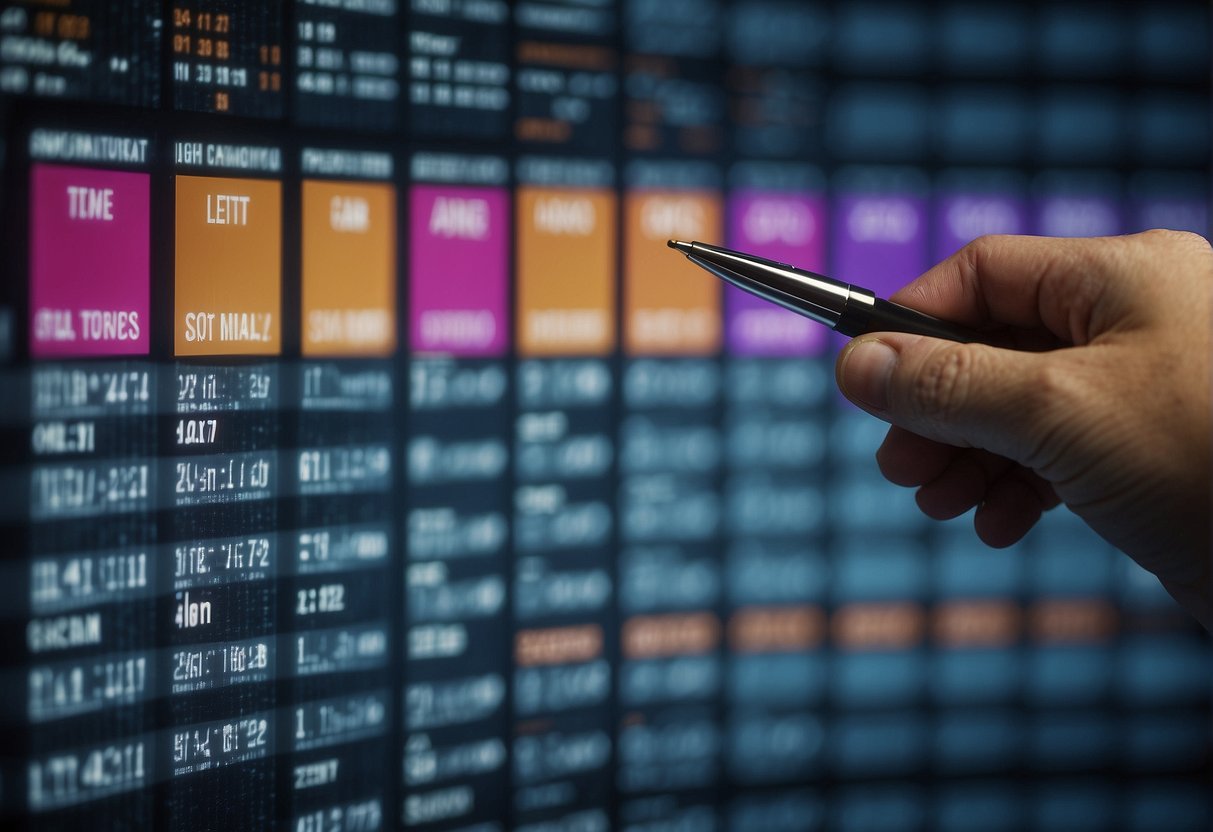 A computer screen displaying various data erasure software options with a checklist of features. A hand holding a pen hovers over the list, ready to make a decision