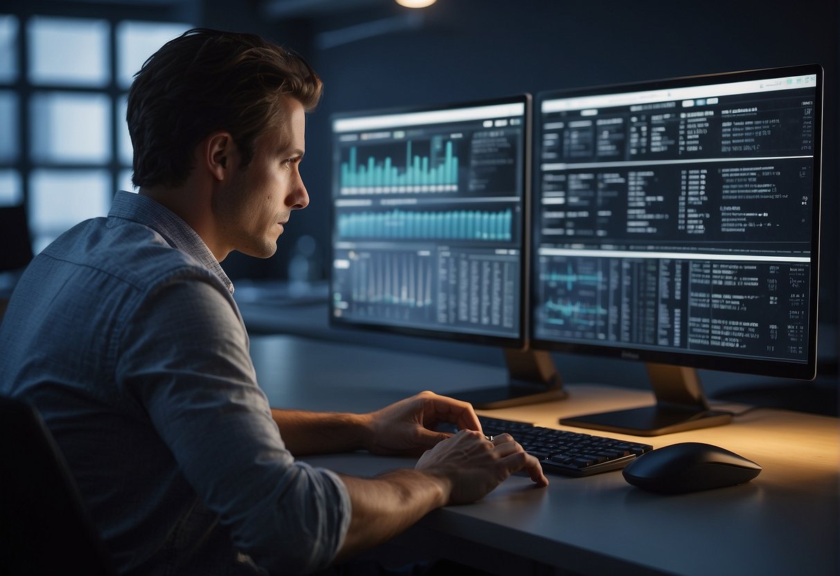 A person at a computer comparing different data erasure software options with a checklist of features and benefits