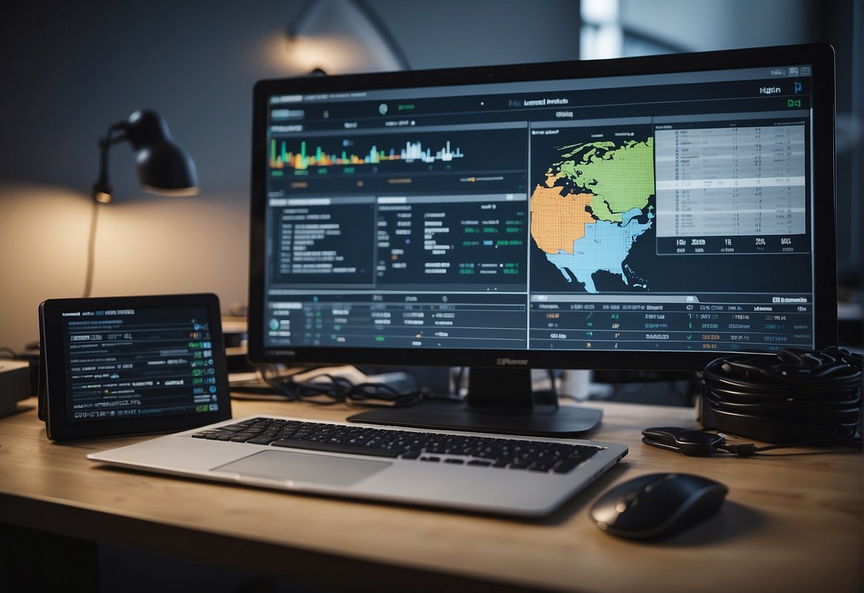 A computer screen displaying various data erasure software options. A desk with a keyboard and mouse. A checklist of features and a chart comparing different programs