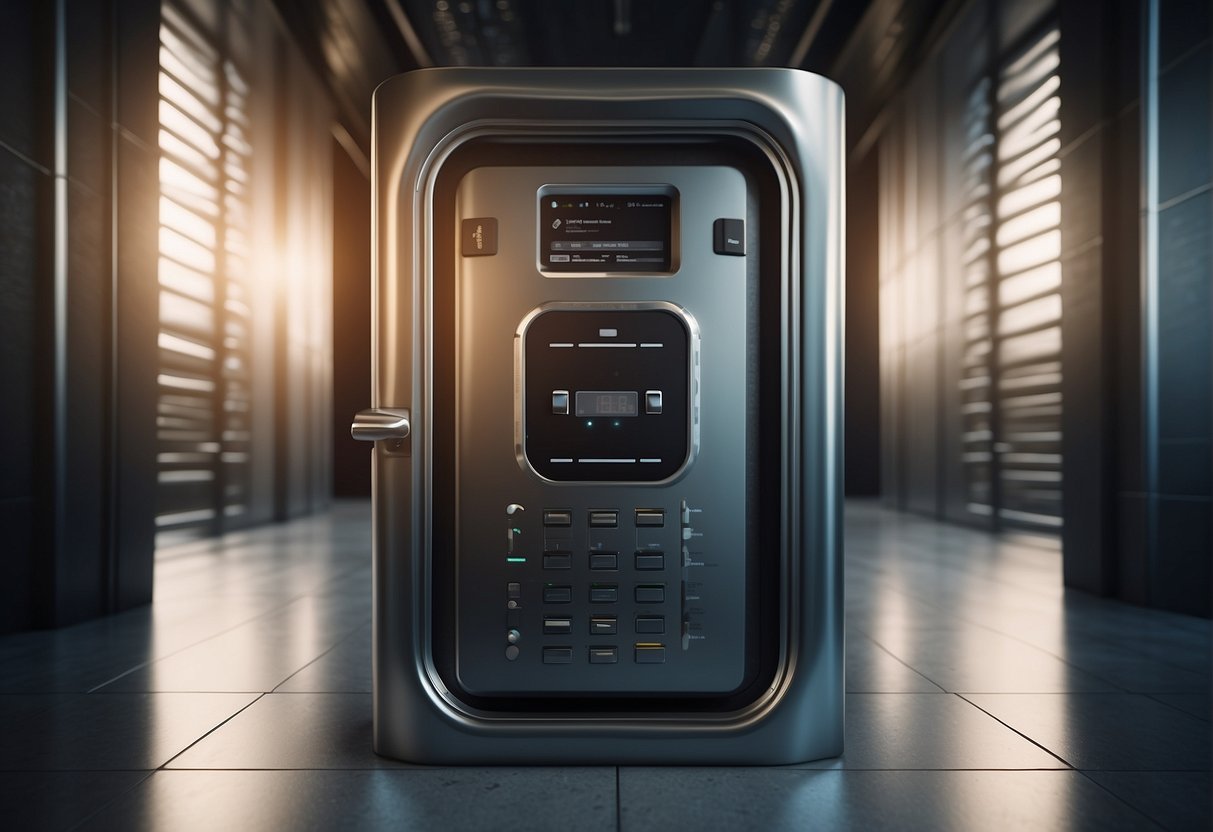 A secure vault door with a digital keypad and biometric scanner, surrounded by layers of encryption and firewalls