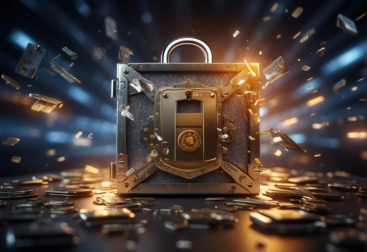 A locked vault with a shielded lock, surrounded by a firewall and encryption symbols. A shredder destroying documents and a computer screen with a padlock icon