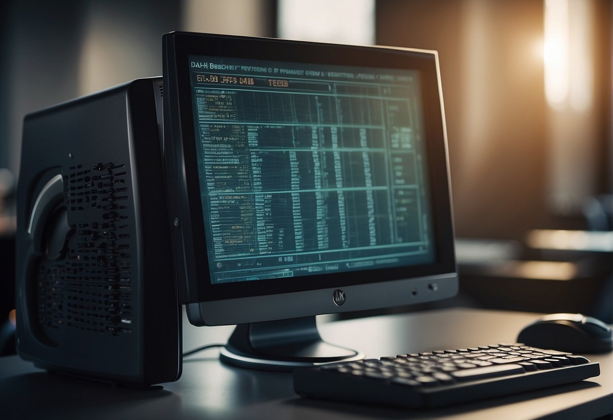 A computer monitor displaying various data erasure techniques with a lock symbol in the background. A shredder and a magnet are shown as tools for data breach prevention