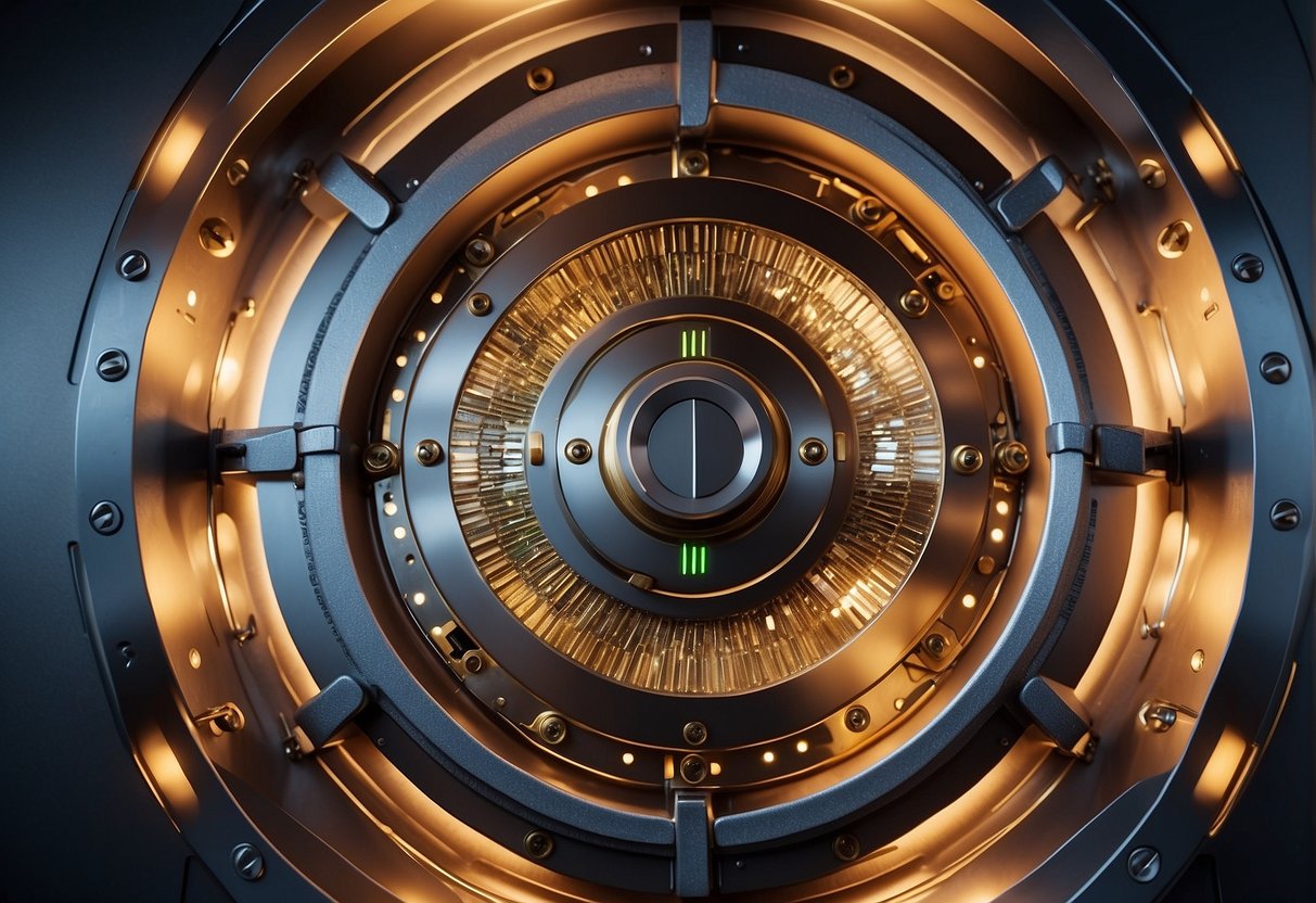A secure vault door with a digital lock, surrounded by layers of encryption and firewalls, symbolizing data breach prevention and data erasure