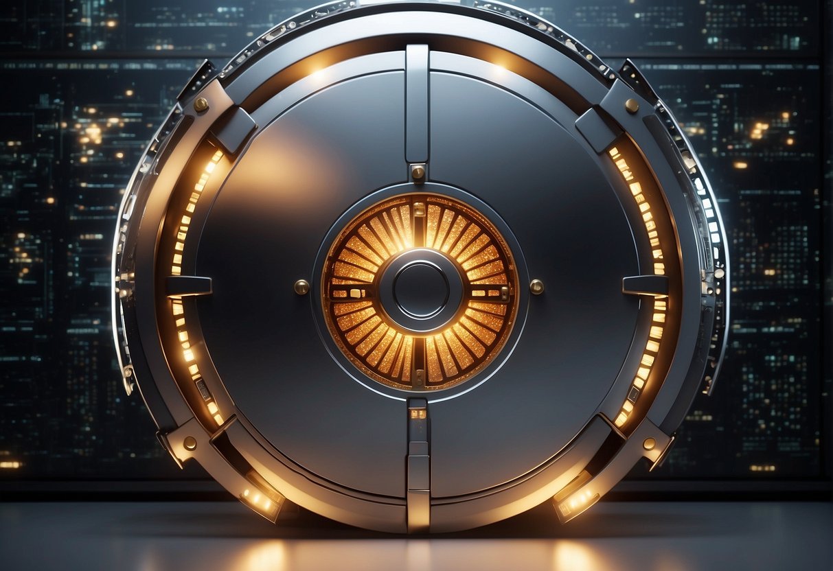 A locked vault door with a digital keypad, surrounded by a firewall and a shield symbol, representing data erasure and breach prevention