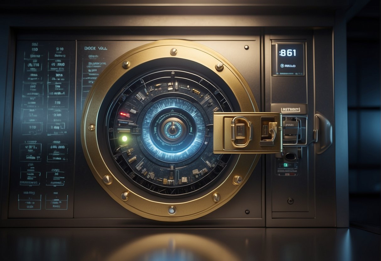 A secure vault door with a digital lock and a computer monitor displaying a data erasure process, surrounded by documents and compliance regulations