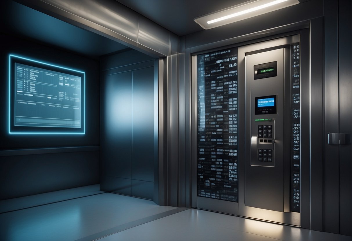 A secure vault with a large, heavy door and a digital keypad. A computer screen displaying a data erasure progress bar. Security cameras and motion sensors