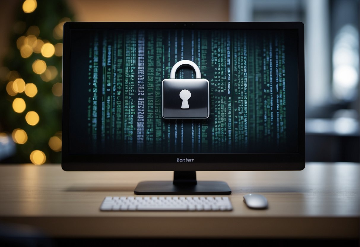 A computer screen displaying a warning message about a data incident, with a lock icon representing data breach prevention and a shredder icon representing data erasure