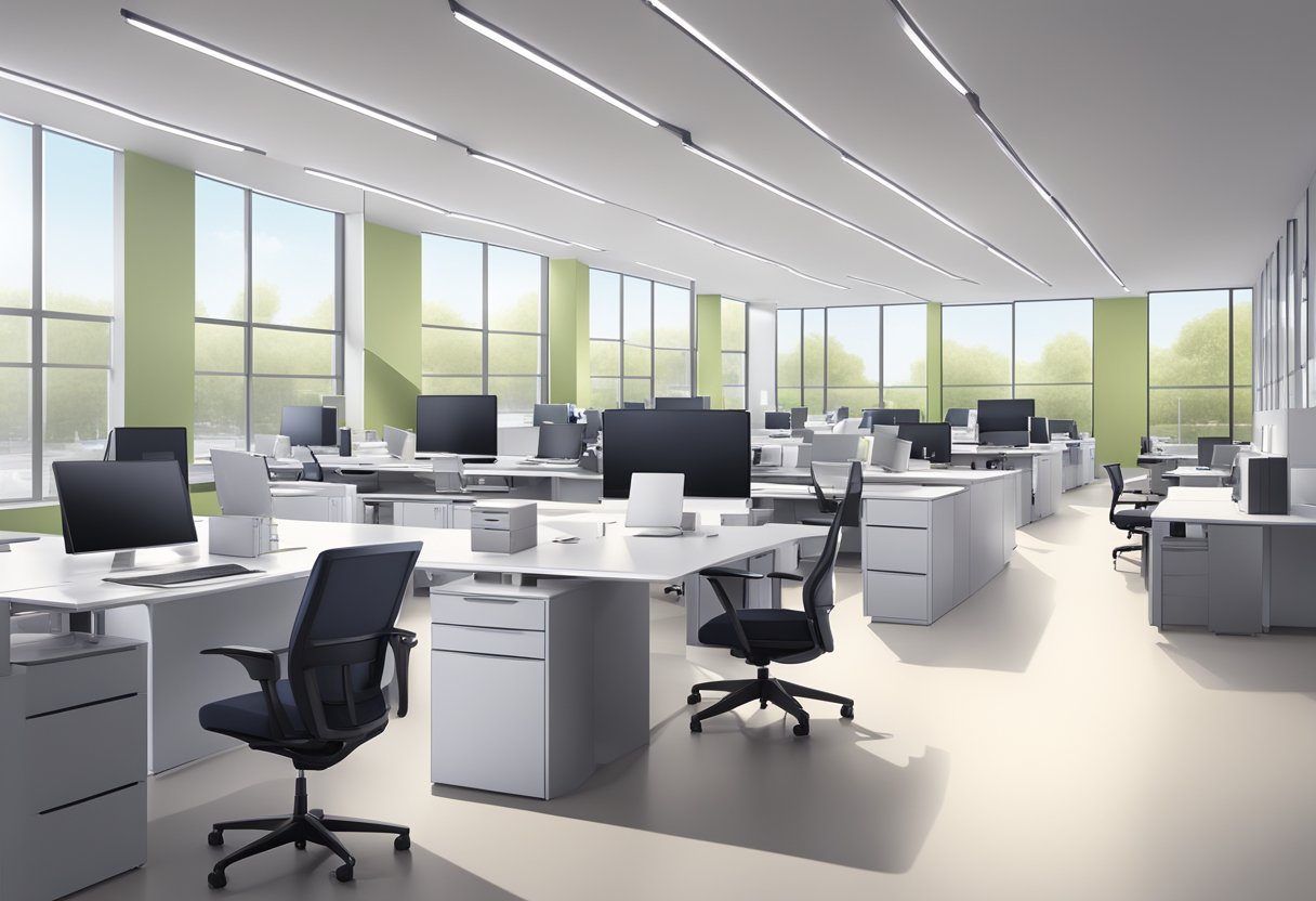A spacious showroom filled with modern office desks, chairs, and filing cabinets. Bright lighting and clean, sleek designs characterize the space