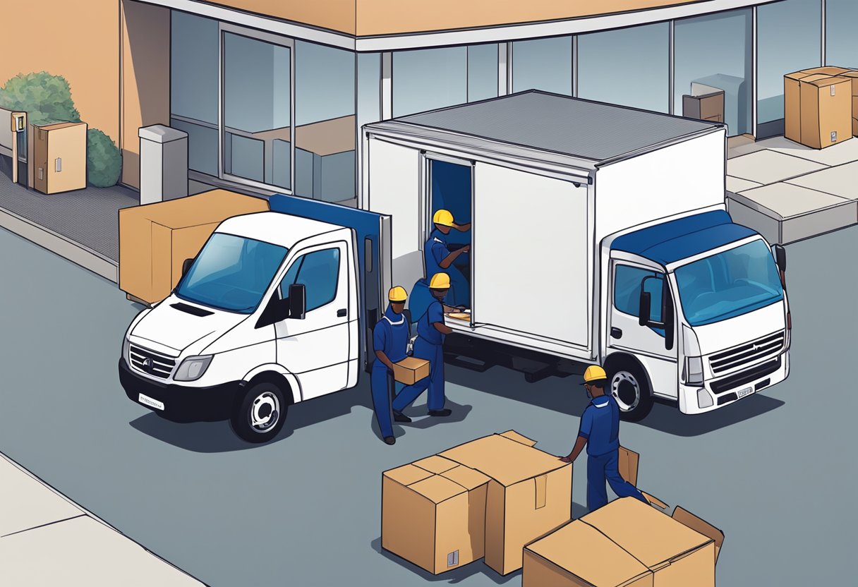 A delivery truck unloading office furniture at a business location in Gauteng, while a supplier representative oversees the process