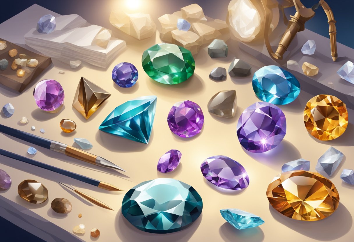 A gemology course with various precious stones on display under bright lighting, alongside tools and reference materials