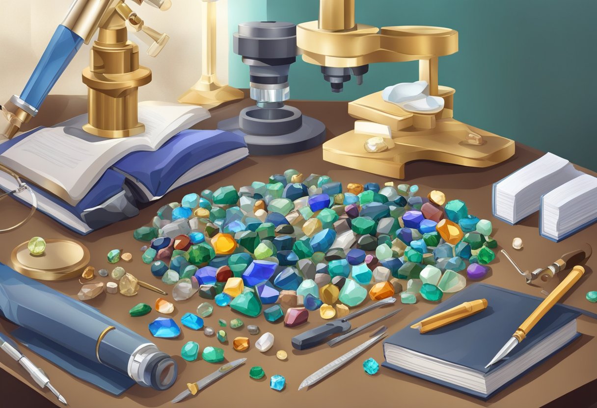 A table covered in gemstones, with tools and reference books nearby. A microscope and gemological equipment are set up for examination