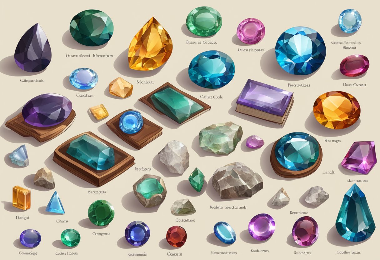 A table with various types of gemstones, labeled with their classifications and names, surrounded by gemology equipment and reference books